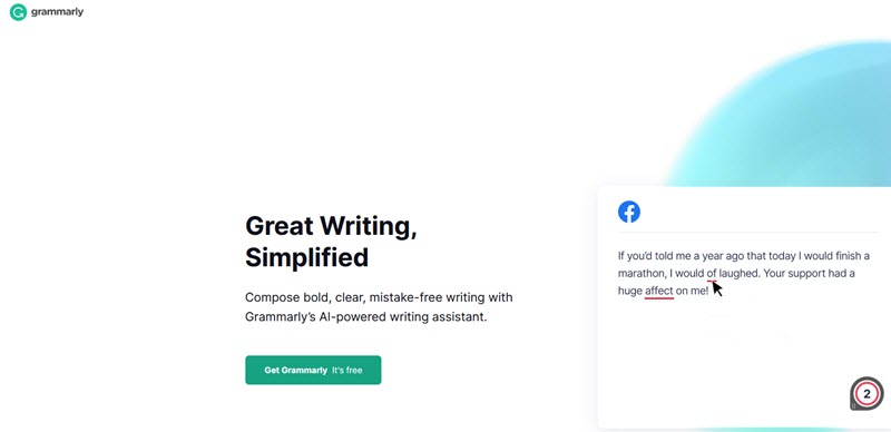 A screenshot of Grammarly's homepage. Grammarly is an AI grammar tool