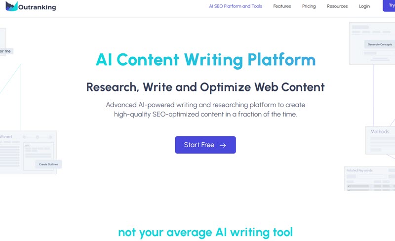 A screenshot of Outranking's homepage. Outranking is an AI-driven SEO tool