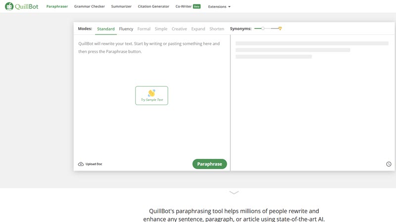 A screenshot of Quillbot's homepage